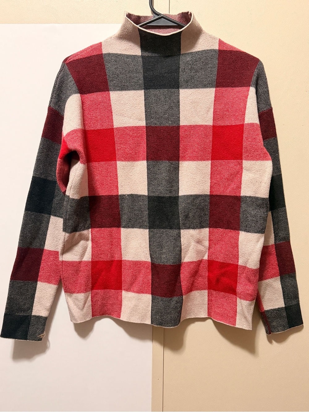 Tahari Red and Gray Plaid Turtleneck Sweater
